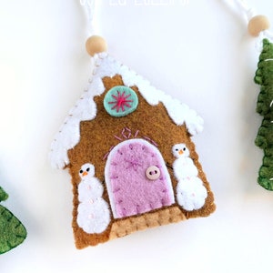 Gingerbread and Christmas Tree Ornament Set Snowman Theme includes two pine trees and one candy themed gingerbread house image 1