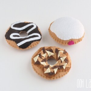 Felt Donuts, set of three: chocolate swirl, jelly filled, and toffee pecan