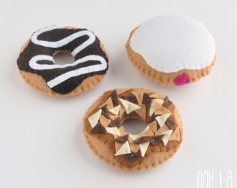 Felt Donuts, set of three: chocolate swirl, jelly filled, and toffee pecan