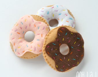 Felt Donuts with rainbow sprinkles - set of three in pink, white and brown