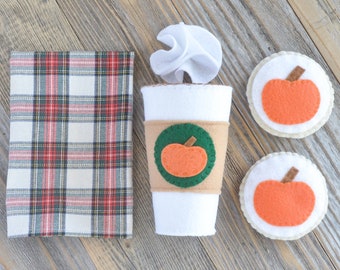 Felt Pumpkin Spice Latte and Cookies Set: includes felt latte, whip cream, two sugar cookies, and plaid flannel napkin