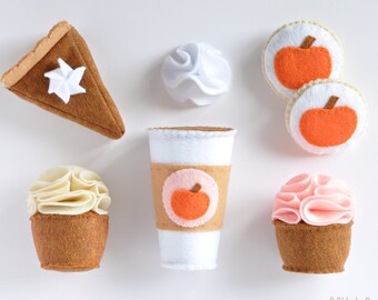 Felt Pink Pumpkin Spice Latte Set: includes felt latte, whip cream, two sugar cookies, two cupcakes, and pumpkin pie