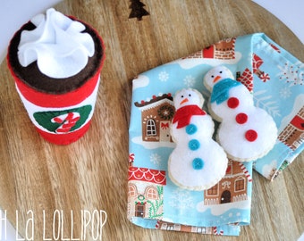 Felt Peppermint Mocha Play Set - comes with felt coffee, whipped cream, napkin, and two felt snowman cookies