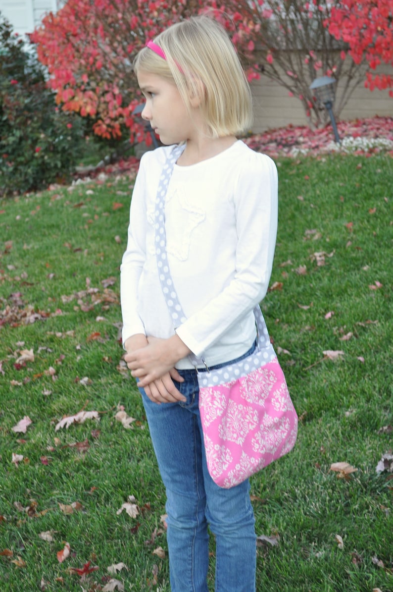 Adjustable Girl on the Go bag in beautiful aqua ikat print Girls Purse lined in gray arrow fabric