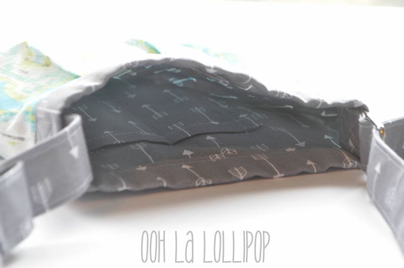 Adjustable Girl on the Go bag in beautiful aqua ikat print Girls Purse lined in gray arrow fabric