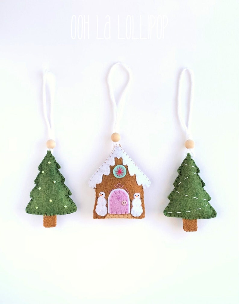 Gingerbread and Christmas Tree Ornament Set Snowman Theme includes two pine trees and one candy themed gingerbread house image 2