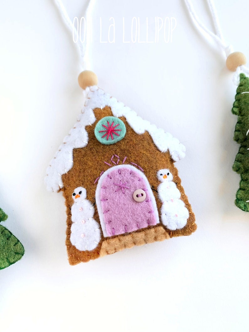 Gingerbread and Christmas Tree Ornament Set Snowman Theme includes two pine trees and one candy themed gingerbread house image 1