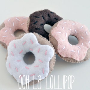 MINI Felt Donuts, set of four in pink, white and chocolate, measuring just under three inches across