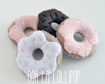 MINI Felt Donuts, set of four in pink, white and chocolate, measuring just under three inches across