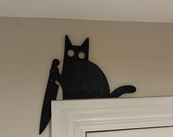 Funny cat with knife for door frame | Halloween themed house decor | creepy cute black cat door frame decor |  great gift for cat lovers
