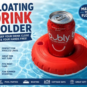 May include: A red floating drink holder with a white inner ring, holding a cranberry-flavored sparkling water can. The holder is in a pool. Text on the holder says "Floating Drink Holder" and "Keep your drink close & your hands free!"