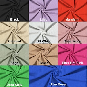 May include: A fabric color chart featuring swatches of various colors, including black, lilac, mandarin, oatmeal, off-white, rose wood, sage, toast, ultra hot pink, ultra kelly, and ultra royal. Each swatch is labeled with its corresponding color name.