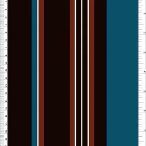 May include: A fabric sample with vertical stripes in shades of black, teal, brown, and white. The design features alternating wide and narrow stripes, creating a visually dynamic pattern. The color palette is earthy and modern.