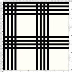 May include: A close-up of a cream-colored fabric with a black plaid pattern. The pattern consists of thick, horizontal and vertical stripes that intersect to create a grid-like design. The fabric has a ruler along the edges.