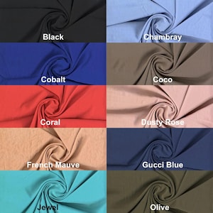 May include: A collection of fabric swatches in various colors, including black, chambray, cobalt, coco, coral, dusty rose, French mauve, Gucci blue, jewel, and olive. Each swatch is labeled with its color name.