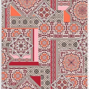May include: A patchwork fabric with a complex geometric design. The pattern features squares and triangles in shades of red, orange, pink, and cream. Intricate floral and geometric motifs are repeated throughout the design.