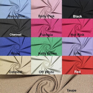 May include: A fabric swatch display featuring various colors of ribbed fabric. Colors include baby blue, baby pink, black, charcoal, fuchsia, hot pink, royal, kelly green, lilac, oatmeal, off white, red, and taupe.