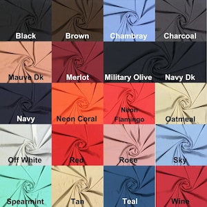 May include: A grid of fabric swatches in various colors, including black, brown, chambray, charcoal, mauve, merlot, military olive, navy, neon coral, oatmeal, off white, red, rose, sky, spearmint, tan, teal, and wine. Each swatch has a label.