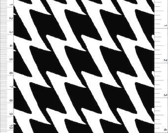 May include: Black and white fabric with a repeating pattern of curved, diamond-like shapes. The design features bold, solid black elements set against a white background, creating a high-contrast visual effect. This textile is suitable for various applications.