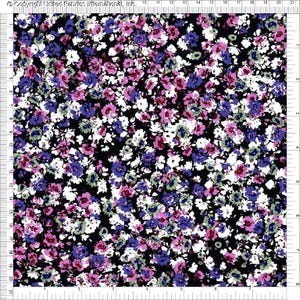 May include: A fabric with a dense floral pattern. The design features small flowers in shades of white, purple, pink, and green against a black background. The flowers are closely packed, creating a textured appearance.
