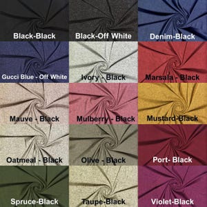 May include: A fabric swatch display featuring various colors with black accents. Colors include black, off-white, denim, Gucci blue, ivory, marsala, mauve, mulberry, mustard, oatmeal, olive, port, spruce, taupe, and violet. Each swatch is labeled with its color combination.