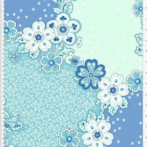May include: A fabric design featuring a floral pattern in shades of blue and white. The design includes large stylized flowers, paisley elements, and geometric shapes. The color palette is predominantly light blue and white, with a touch of darker blue accents.