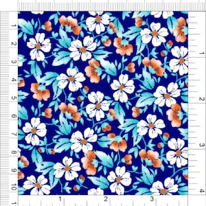 May include: A fabric swatch with a floral pattern. The design features white and orange flowers with teal leaves and stems against a dark blue background. The fabric has a repeating pattern of flowers and foliage.