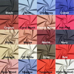 May include: A grid of fabric swatches in various colors, including black, blue, chambray, cobalt, cognac, coral blush, French mauve, hot pink, khaki, mauve, merlot, navy, oatmeal, off white, olive, red, rose wood, shadow, tangerine, and white.