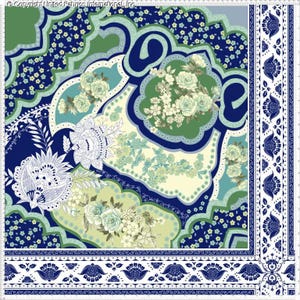 May include: A square fabric with a floral and paisley design. The pattern features a combination of navy blue, green, and cream colors. The design includes floral bouquets, paisley elements, and a border with a repeating floral motif.