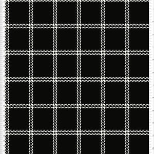 May include: Black and white plaid fabric. The pattern features a classic grid design with thick white lines intersecting on a black background. The fabric is likely used for apparel or home decor.