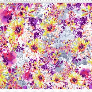 May include: Floral fabric with a watercolor design. The pattern features large yellow, purple, and pink flowers with green leaves on a light gray background. The fabric is suitable for various sewing projects.