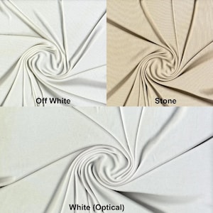 May include: A fabric swatch with three color options: off-white, stone, and white (optical). The fabric is draped and swirled, showcasing its texture and color variations. The names of the colors are printed below each swatch.