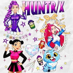 May include: A colorful graphic featuring the word "HUNTRIX" in purple, along with illustrations of female characters, a blue cat, stars, and a diamond heart. The design includes various cartoon elements and text.