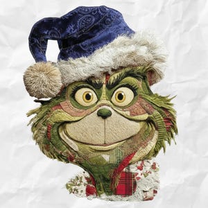 May include: A whimsical, green character with a mischievous grin, wearing a blue paisley hat with a white fur trim and a pom-pom. The character's face is a patchwork of various fabrics, and it has large yellow eyes and a red and white scarf.