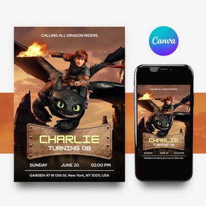 May include: A birthday invitation featuring a dragon and rider illustration. The design includes the text "CALLING ALL DRAGON RIDERS" and "CHARLIE TURNING 08". The date and time are also displayed. A smartphone shows the same design.