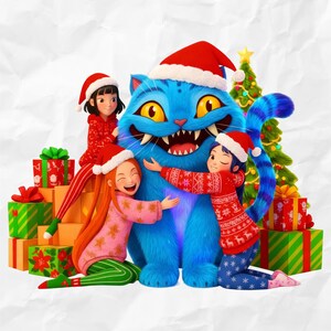 K&ouml;nnte beinhalten: Eine skurrile Weihnachtsillustration zeigt eine gro&szlig;e blaue Katze mit Weihnachtsm&uuml;tze, die von drei Kindern umarmt wird. Die Kinder tragen ebenfalls Weihnachtsm&uuml;tzen und Weihnachtspullover. Geschenke und ein Weihnachtsbaum vervollst&auml;ndigen die Szene.