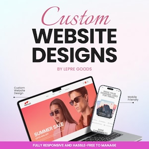 Op de afbeelding: Een laptop en smartphone met website-ontwerpen. Het laptopscherm toont een "Summer Sale" advertentie. De smartphone toont reiskosteninformatie. Tekst luidt "Custom Website Designs" en "Mobile Friendly."