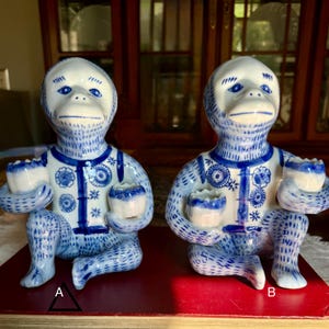 Blue and White Chinoiserie Porcelain Monkey Figurine/Candle Holder