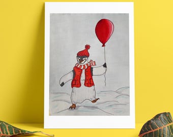 Penguin with Balloon Print – Winter Kids Room Decor (Digital Download)