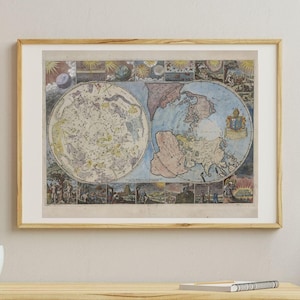 Mapa del Cielo y la Tierra / Mapa de proyección celeste y polar de 1699 / Mapa astronómico y mundial vintage imprimible / Descarga de arte mural digital