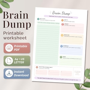 May include: A Brain Dump printable worksheet featuring sections for sorting thoughts into categories like urgent, quick win, schedule, and noise. The layout includes a large lined area for notes and a bottom section for three actionable steps, with text prompts throughout the document.