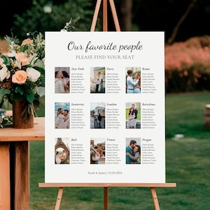 Puede incluir: Un plano de asientos de boda blanco sobre un caballete, con el texto "Our favorite people, PLEASE FIND YOUR SEAT." Los nombres se enumeran bajo los encabezados de las ciudades con fotos. La fecha "12.03.2024" está en la parte inferior.