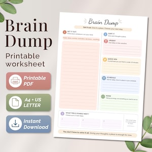 Peut inclure: Une fiche de travail imprimable Brain Dump avec des sections pour trier les pensées en catégories comme Urgent, Quick Win, Schedule et Noise. La mise en page inclut une grande zone lignée pour les notes et trois prochaines étapes.