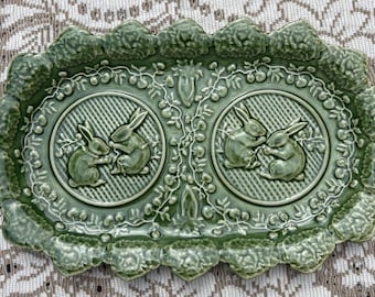 Bordallo Pinheiro Rabbit Platter Green Majolica Bunny Serving Tray Portugal English Country Cottage Decor