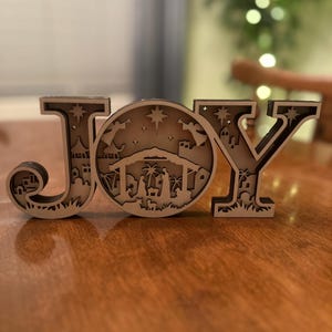 JOY Nativity Scene Sign: Laser-Cut Wood Christmas Mantel Decor