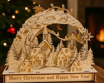 Laser Cut Christmas Village Centerpiece: Wooden Holiday Table Decor