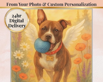 Pet Memorial Portrait Rainbow Bridge Tribute Art Angel Wings Remembrance Gift Idea Custom Artwork Digital Download Watercolor Style Cat Dog