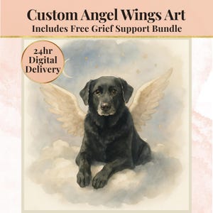 Retrato conmemorativo personalizado para mascotas: recuerdo digital con alas de ángel y puente arcoíris en acuarela