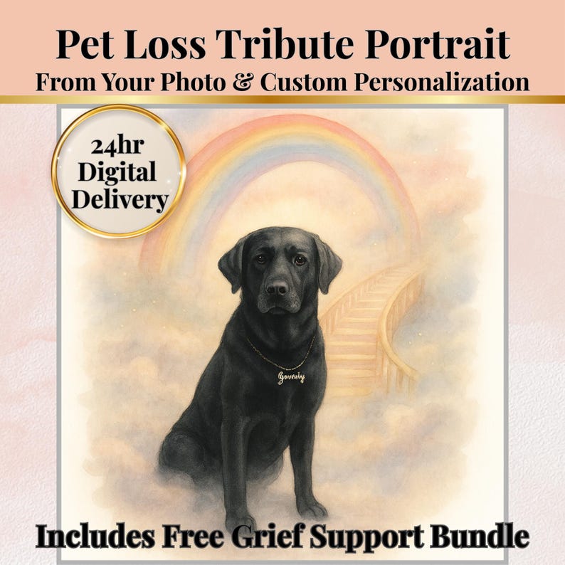 Pet Memorial Portrait Custom Artwork Digital Download Rainbow Bridge Tribute Personalized Pet Remembrance Angel Wings Design Dog Cat Memorial Gift Sympathy Present Loss Comfort Keepsake Watercolor Style Heavenly Scene Commemorative Art