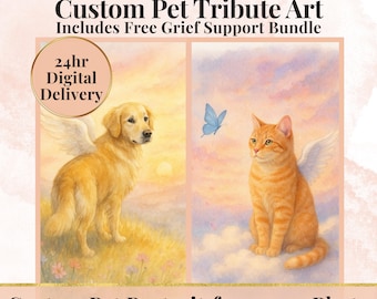 May include: Custom pet tribute art featuring a golden retriever and an orange tabby cat, both with angel wings. The artwork is set against a soft, pastel background with the text "Custom Pet Portrait from your Photo". Includes free grief support.